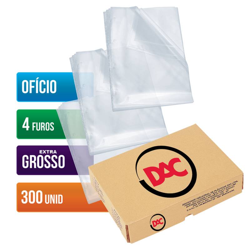 ENVELOPE PLÁSTICO OFÍCIO 240x330mm 4 FUROS EXTRA GROSSO C/ 300 Unid. - DAC DAC