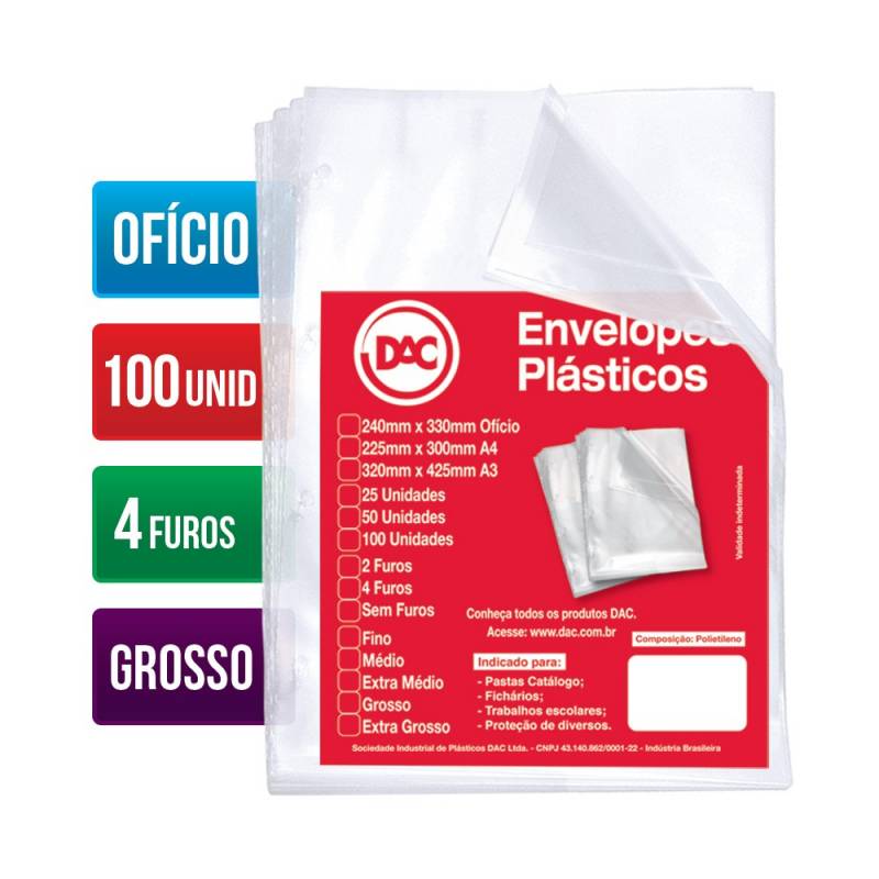 ENVELOPE PLÁSTICO OFÍCIO 240x330mm 4 FUROS GROSSO C/ 100 Unid. - DAC DAC