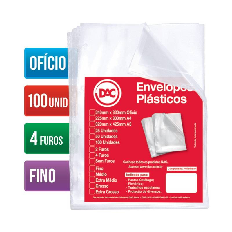 ENVELOPE PLÁSTICO OFÍCIO 240x330mm 4 FUROS FINO C/ 100 Unid. - DAC DAC