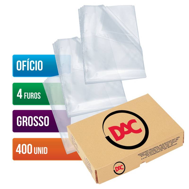 ENVELOPE PLÁSTICO OFÍCIO 240x330mm 4 FUROS GROSSO CAIXA C/ 400 Unid. - DAC DAC